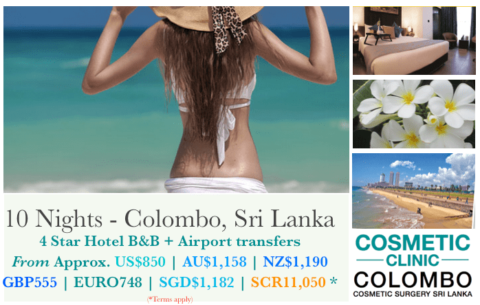 Stay in Colombo for cosmetic surgery clients. Packages and airport transfers, B&B. 10 and 14 nights. Sri Lanka.
